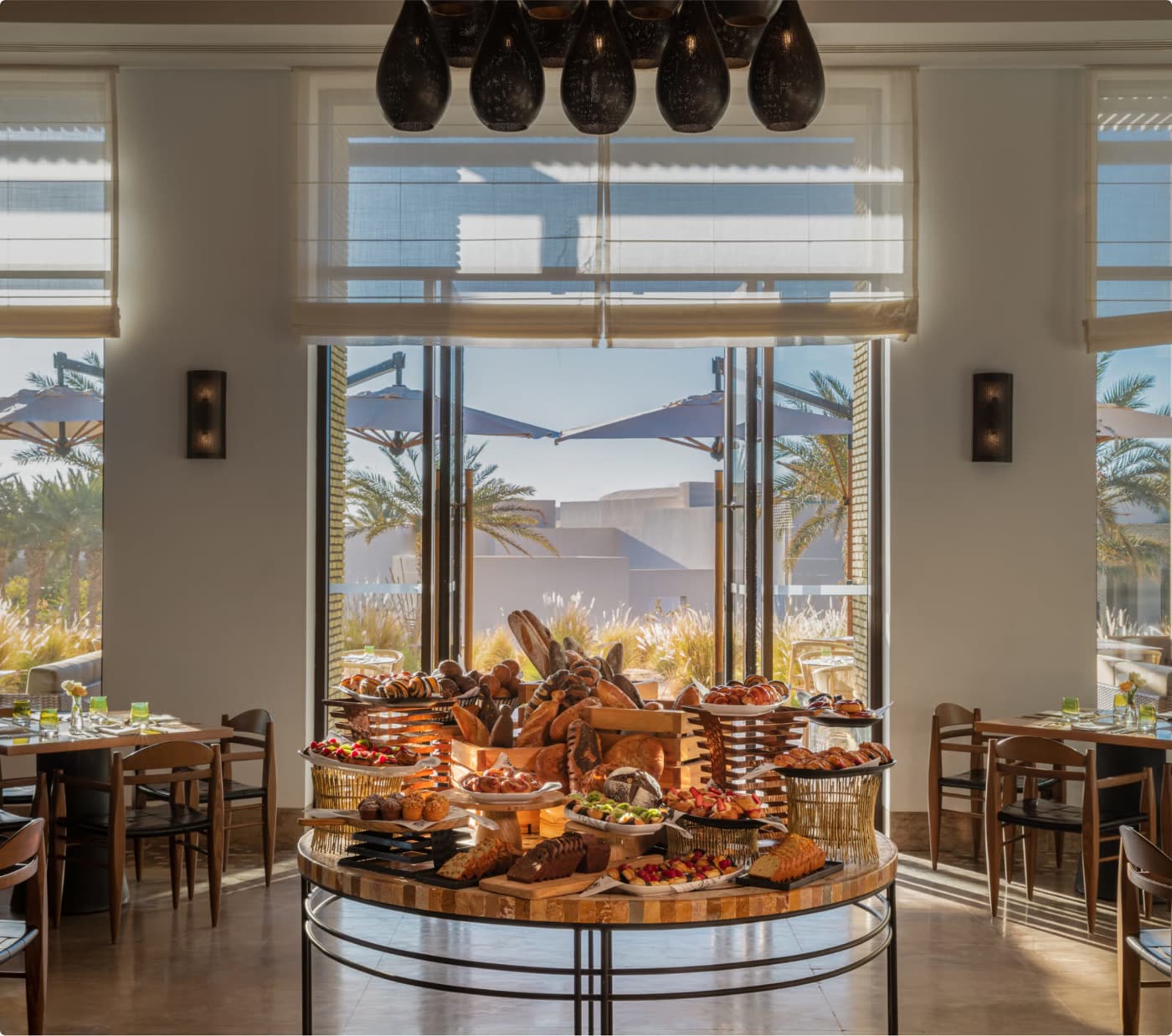 Breakfast laid out in the hotel dining room