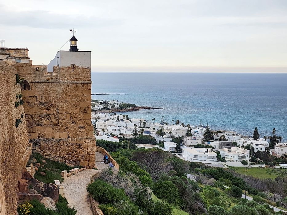 A hilltop fortress above a whitewashed coastal town