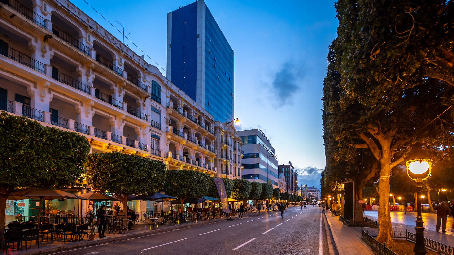 L'avenue Habib-Bourguiba à Tunis, au crépuscule